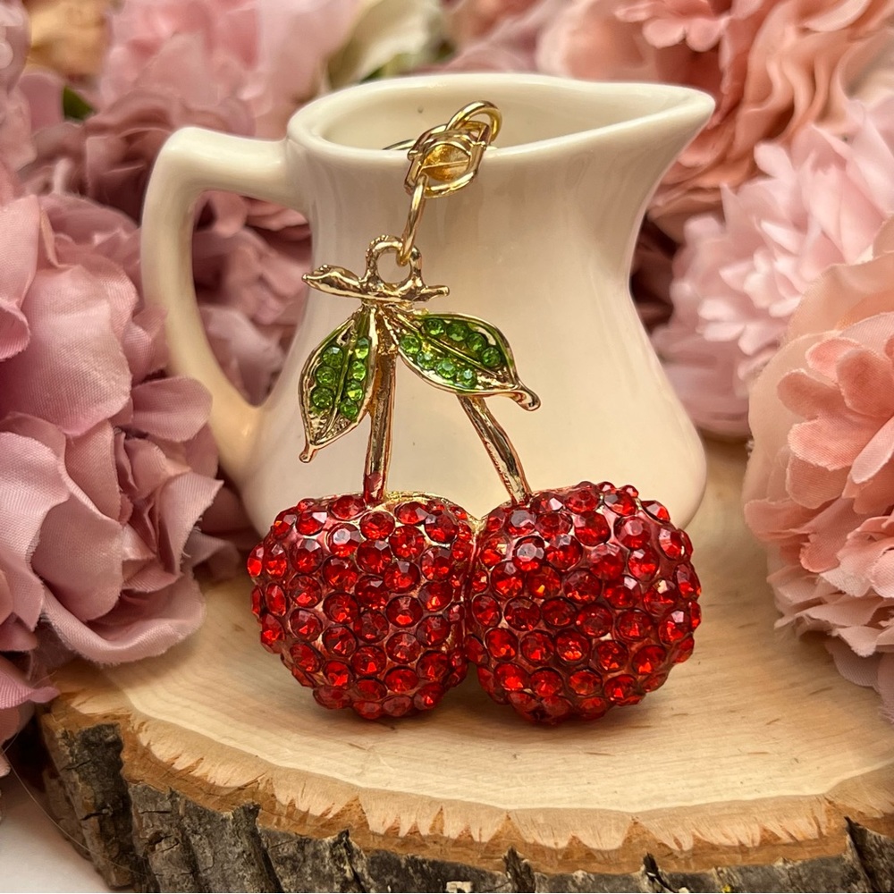 Whimsical Red Crystal Cherries Keychain Charm